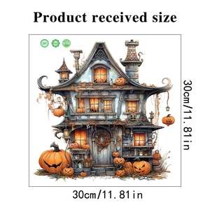 Detail showing a 30x30cm Halloween toilet sticker with haunted house and pumpkins