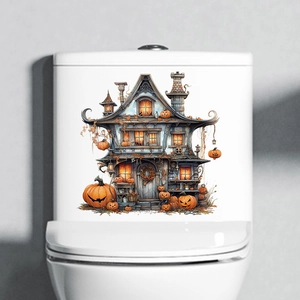 Detail of Halloween toilet sticker featuring a vintage haunted house with pumpkins on tank
