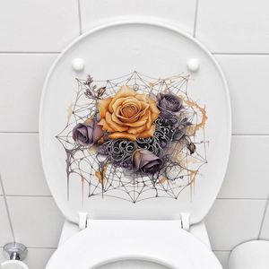 Detail of Halloween toilet seat sticker with orange roses and artistic spider webs