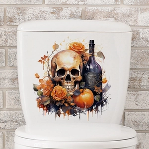 Halloween toilet tank sticker with golden skull, orange roses, and pumpkin decor