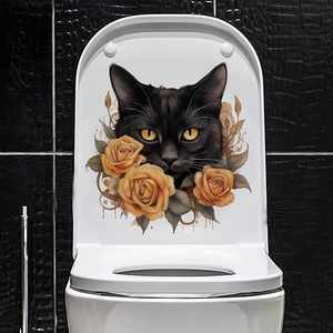 Halloween toilet seat decal featuring a black cat with golden eyes and yellow roses