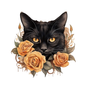 Artistic Halloween black cat and orange roses sticker decal for bathroom toilet decoration