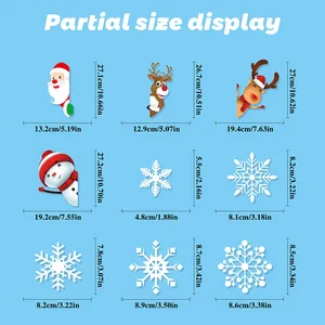 Size chart showing dimensions for Santa, reindeer, and snowflakes Christmas window decals