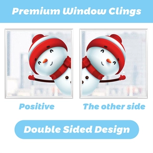 Close-up of double-sided snowman window clings showing high quality printing and colors