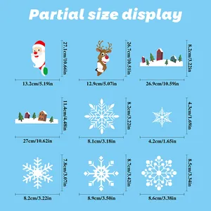 Size chart showing dimensions for Santa, reindeer, and snowflake Christmas window stickers