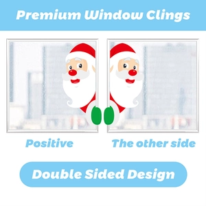 Detail of double-sided Christmas Santa Claus window cling showing front and back view
