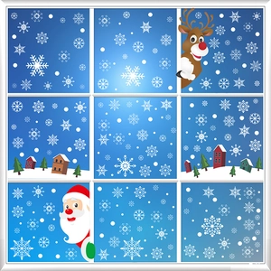 Christmas window stickers featuring Santa, reindeer and snowflakes for festive glass decor