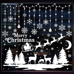 Detail von Merry Christmas Fensterbildern mit weißen Hirschen und Schneeflocken für Deko
