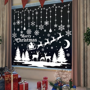 Weiße Weihnachtsfensterbilder mit Rentieren Schneeflocken und Schriftzug Dekor