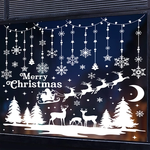 Weiße Weihnachts-Fensteraufkleber mit Schneeflocken, Rentieren und Weihnachtsmann-Motiv