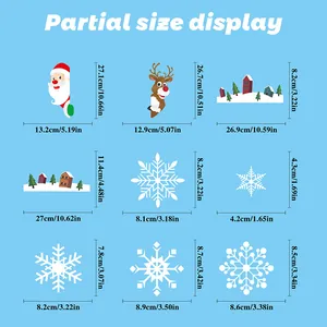 Size chart for Christmas window stickers showing snowman, elk and snowflake dimensions