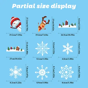 Size guide for Christmas window decals featuring snowmen, reindeer, houses and snowflakes