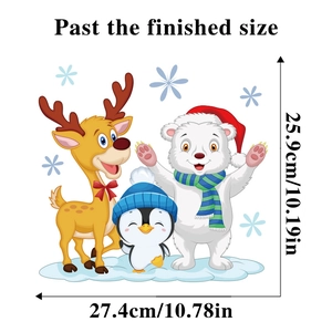 Detailed size specifications for Christmas stickers featuring polar bear, penguin, and elk