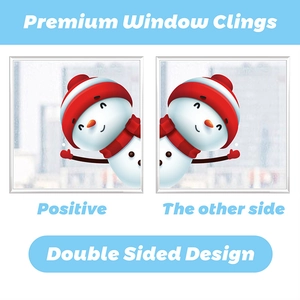 Double-sided Christmas window cling featuring a cute snowman with red hat and scarf decor