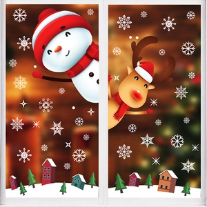 Christmas window decals with snowman reindeer and snowflakes for festive glass decoration