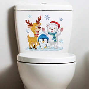 Waterproof Christmas snowman and animal stickers on a white ceramic toilet tank