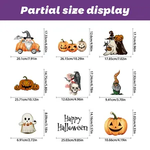 Detailed size guide for Halloween stickers featuring pumpkin, ghost, and wizard designs
