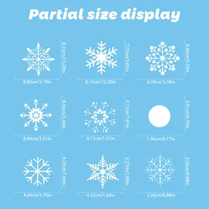 Size chart showing 9 diverse white snowflake window stickers with detailed measurements