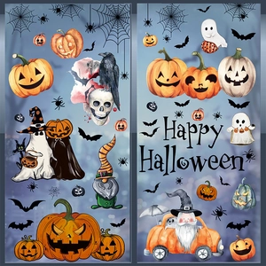 Detail of Halloween window stickers with pumpkins, ghosts and bats on dark night background