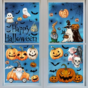 Halloween window stickers featuring cartoon pumpkins, ghosts and bats on glass pane
