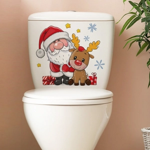 Waterproof Christmas stickers showing Santa and reindeer on a white toilet tank