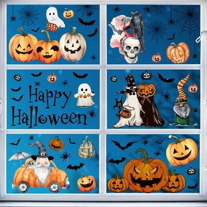 Happy Halloween window clings set with pumpkin, ghost and bat on white window frames