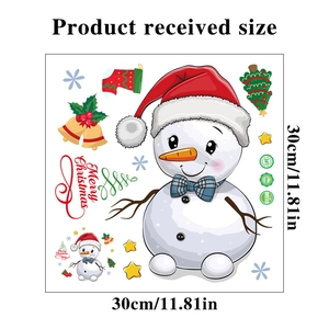 Flat lay of Christmas snowman stickers including trees and bells in a 30cm square layout