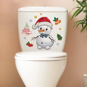Detailed view of Christmas snowman toilet stickers with stars and Merry Christmas text