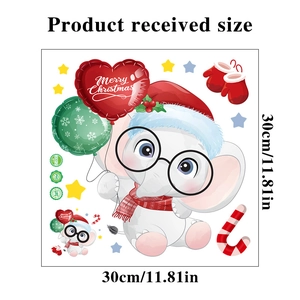 PVC Christmas wall sticker featuring a cute elephant with Santa hat and balloons