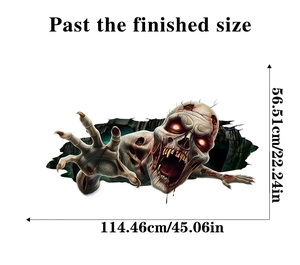 3D Halloween wall decal showing measurements for zombie breaking through the wall