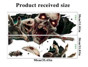 Detailed sheet view showing two-piece 3D zombie wall decal parts and 90cm size measurement