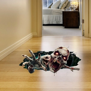 3D Halloween floor decal featuring a zombie crawling out of a cracked wooden floor hole