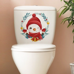 Waterproof Christmas snowman sticker with red hat and berries on white toilet tank