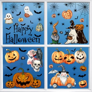 Halloween window stickers set featuring pumpkin, ghost, and bat in watercolor style