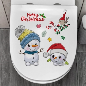 Waterproof Christmas snowman toilet lid sticker with Merry Christmas greeting and birds