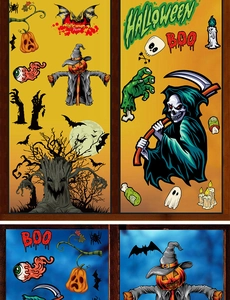 Detailed view of Halloween window stickers featuring grim reaper and pumpkin motifs