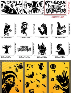 Detailed dimensions of Halloween PVC static window stickers featuring ghost pumpkin motifs