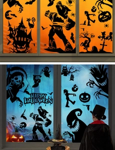 Halloween window clings featuring black silhouettes of pumpkins and ghosts on glass