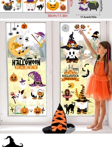 Detailed size view of Halloween window clings featuring pumpkins, gnomes, and bats