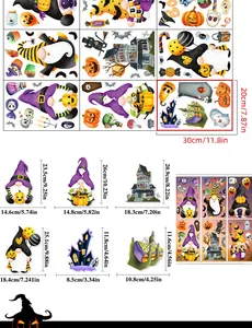 Detailed size guide for Halloween window stickers showing gnomes and castle dimensions