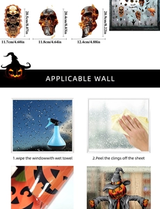 Detail of Halloween skull window clings with dimensions and step-by-step application guide