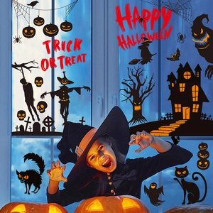 Halloween window clings featuring black cat, pumpkins, and spooky castle silhouettes