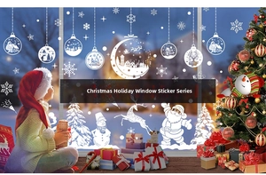 Detailed white Christmas window clings featuring Santa, reindeer, and snowflakes patterns