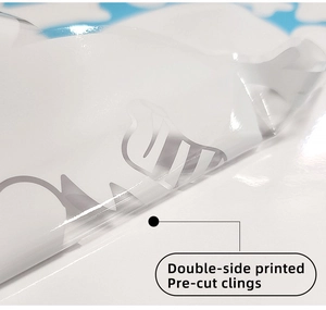 Detail of pre-cut double-sided printed Christmas window clings with white festive patterns