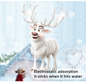 Macro detail of white cartoon reindeer static window cling with 3D texture and snow design