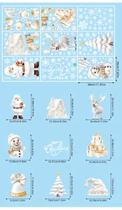 Size chart showing dimensions for white Christmas window stickers including Santa and reindeer