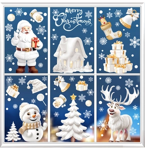 Detailed Christmas window stickers with Santa, reindeer and snowflakes on blue background