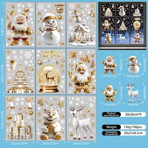 9-sheet set of white and gold Christmas window static clings with Santa and reindeer motifs