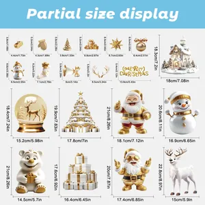 Size chart showing 16 Christmas window stickers like reindeer and snowmen with dimensions