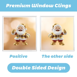 Detail showing high-quality double-sided 3D Santa Claus window clings with gold finish